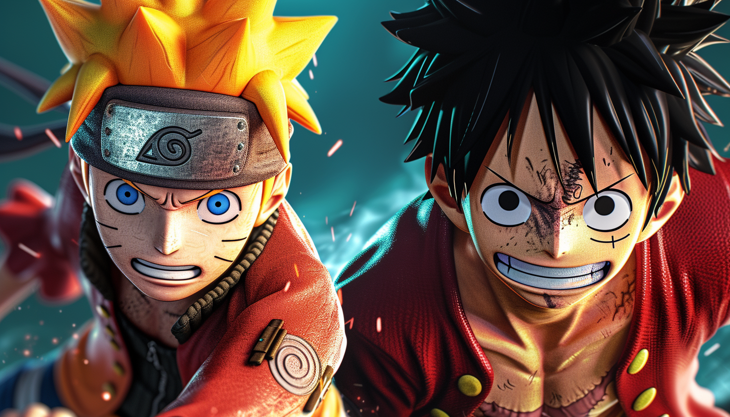 Intense close-up of Naruto and Luffy in ultra-realistic 3D render, both battle-worn and ready for action with fierce expressions and detailed outfits.